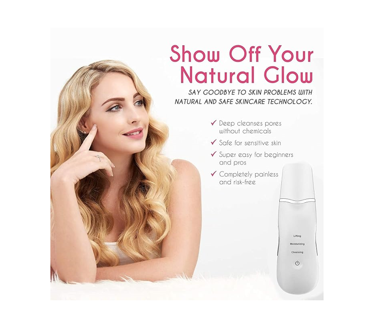DermaGlow | Ultrasonic Shovel Cleanser For Deep Cleaning Skin, Scrubber, Peeling Facial Pore , Blackhead Cleaner