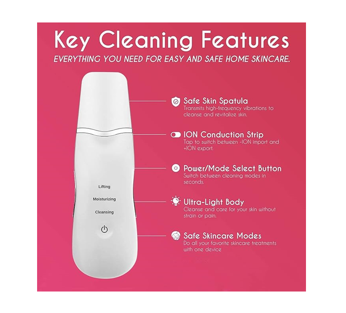 DermaGlow | Ultrasonic Shovel Cleanser For Deep Cleaning Skin, Scrubber, Peeling Facial Pore , Blackhead Cleaner