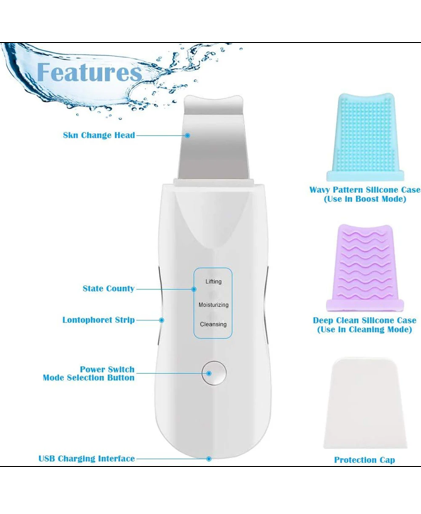 DermaGlow | Ultrasonic Shovel Cleanser For Deep Cleaning Skin, Scrubber, Peeling Facial Pore , Blackhead Cleaner